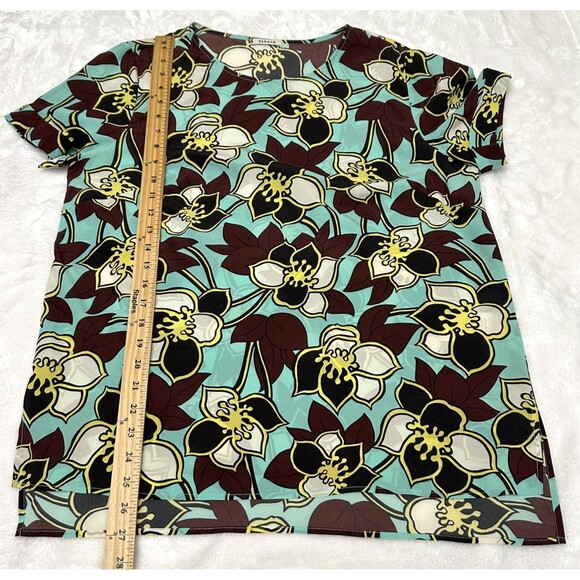 P.A.R.O.S.H. Women Blue Brown Floral Silk Crew Neck Short Sleeve Blouse Top Sz L - Picture 9 of 14
